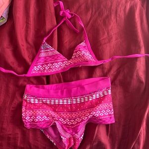 Girls’ Pink Geometric Print Bikini Set (Top & Bottoms)